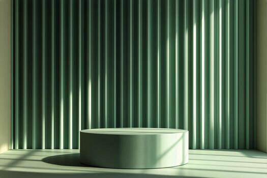 Modern Minimalist Showcase With Circular Display and Textured Green Wall in Bright Sunlight. photo