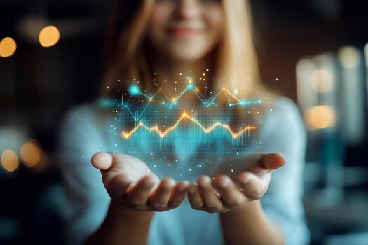 Woman Displaying Digital Financial Data With Glowing Graphs and Charts in Modern Workspace photo
