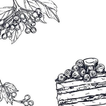 frame of viburnum berries and a piece of cake with berries and marshmallows. All objects are hand-drawn with ink. For packaging design, menu design in pastry shops and bakeries vector