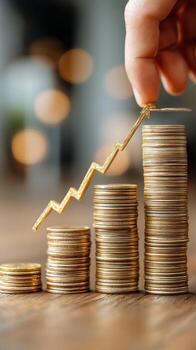 Growth of Financial Success Represented by Stacked Coins and Rising Line Graph in a Modern Setting photo