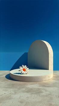 Bright Daisy on Modern Pedestal Against Blue Background in Minimalist Setting photo