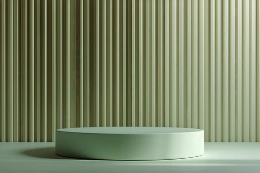 Modern Minimalist Decor With Round Table and Decorative Vase in Soft Green Tones. photo