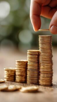 Growth of Financial Success Represented by Stacked Coins and Rising Line Graph in a Modern Setting. photo