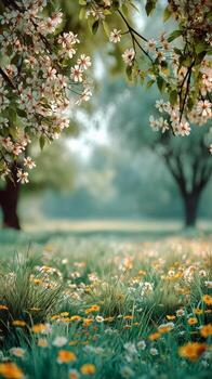 Sunlit Pathway Through a Field of Wildflowers in a Serene Forest Setting. photo