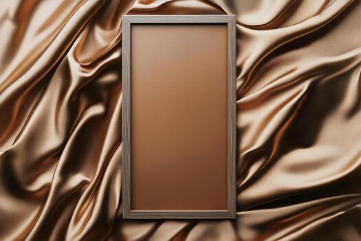 Elegant Wooden Frame on Soft Golden Satin Fabric With Flowing Textures and Warm Tones. photo