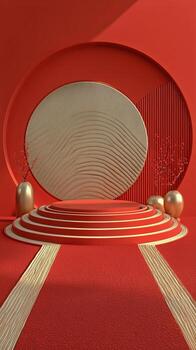 Modern Interior Design Featuring Geometric Red Walls and Curved Elements in a Minimalist Setting photo