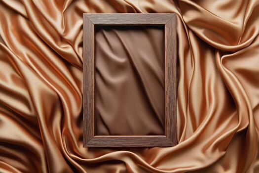 Elegant Wooden Frame on Soft Golden Satin Fabric With Flowing Textures and Warm Tones photo