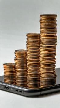 Stacks of Coins Increasing in Height on Top of a Smartphone Showcasing Financial Growth photo