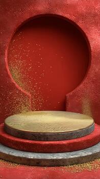 Modern Interior Design Featuring Geometric Red Walls and Curved Elements in a Minimalist Setting. photo