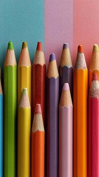 Colorful Collection of Pencils Arranged Neatly on a Pastel Backdrop at a Creative Workspace. photo