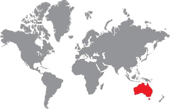 Australia map highlighted in red color on grey world map on white background. Australia map highlighted on world map simple flat world map in red for use in marketing, travel vector