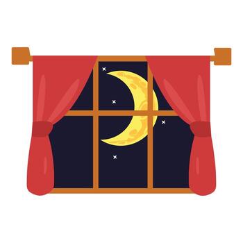 Crescent Moon Through Window With Curtains vector