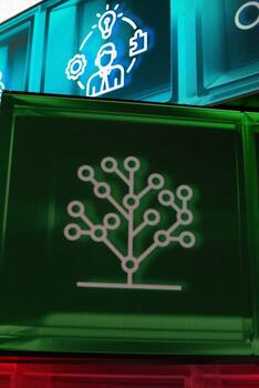Digital screen showing symbols representing innovation and network growth. Tree structure emphasizes expansion of ideas, knowledge and interconnected systems within business or tech environment photo