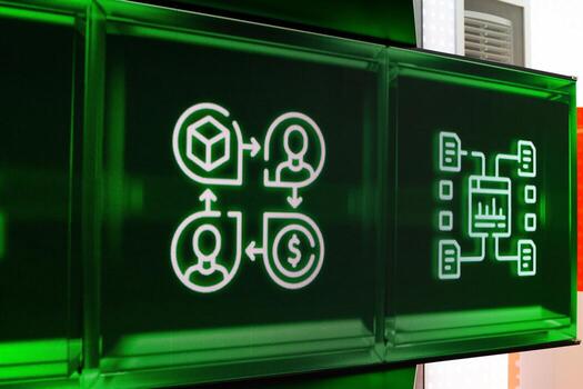 Close up of digital screen displaying icons related to business, finance, and technology. Green background and arrows symbolize data flow, transactions, and communication in modern digital economy photo