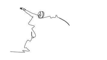 själv teckning animering av enda linje dra funktioner två fäktare mitt i duellen, representerar skarp kontrast mellan ett aggressiv ge sig på och redo, strategisk försvar. kontinuerlig linje. full längd animerad video