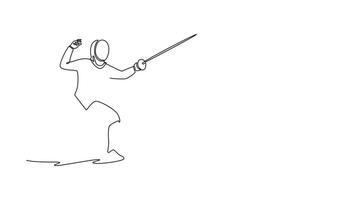 animerad själv teckning av kontinuerlig linje dra attraktiv dynamisk krock mellan två människor med folier. förkroppsligande de strategisk elegans och skicklighet av en konkurrenskraftig sport. full längd ett linje animering video
