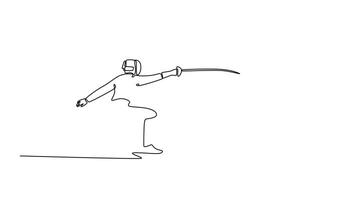 själv teckning animering av enda linje dra två fäktare är engagerad i svärd kollidera. symboliserar strategisk balans av ge sig på, försvar, sport, och konkurrens. kontinuerlig linje dra. full längd animerad video