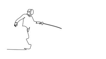 själv teckning animering av enda linje dra funktioner duell mellan två fäktare, representerar strategisk utmaning och de elegant balans av ge sig på och försvar. kontinuerlig linje dra. full längd animerad video
