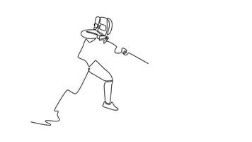 animerad själv teckning av kontinuerlig linje dra funktioner duell mellan två fäktare, representerar skarp kontrast mellan ett aggressiv ge sig på och redo, strategisk försvar. full längd ett linje animering video