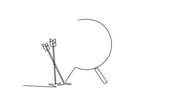 animerad själv teckning av kontinuerlig linje dra mål med en prick pil och flera missade pilar. symboliserar Framgång, fel, och begrepp av slå din mål. full längd enda linje animering video