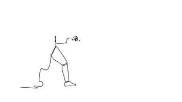 Animated self drawing of continuous line draw active fencer is poised in an en garde stance. Symbolizing strategic readiness and the disciplined art of the sport. Full length single line animation video