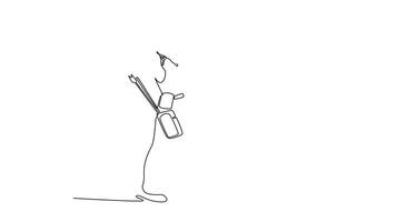 själv teckning animering av enda linje dra tillbaka se av fokuserade kvinna är på full dra med en recurve rosett. förkroppsligande intensiv koncentration och redo skicklighet av en tillägnad bågskytt. full längd animerad video