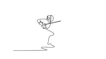 själv teckning animering av enda linje dra två fäktare är engagerad i dynamisk anfall. symboliserar konkurrens, strategisk bekämpa, och spännande verkan av sport. kontinuerlig linje dra. full längd animerad video