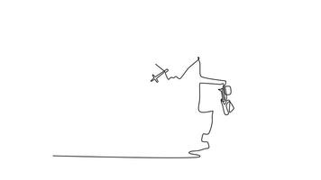 Animated self drawing of continuous line draw young man holding compound bow and arrow, capturing the moment of preparation before taking a shot in sport of archery. Full length single line animation video