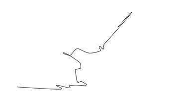 Self drawing animation of single line draw attractive fencer is running forward with foil. Symbolizing speed, forward motion, and the start of quick attack. Continuous line draw. Full length animated video