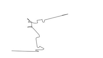 animerad själv teckning av kontinuerlig linje dra stark fäktare är redo till strejk med ett utökad folie. representerar taktisk beredskap och fokus innan ett engagemang. full längd enda linje animering video