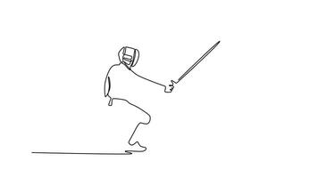själv teckning animering av enda linje dra två fäktare i en dynamisk utfall och reträtt. symboliserar de strategisk rörlighet och elegans av konkurrenskraftig sporter. kontinuerlig linje dra. full längd animerad video