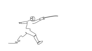 animerad själv teckning av kontinuerlig linje dra två fäktare är i spänd standoff med deras folie. symboliserar strategisk bekämpa, disciplin, och de spänning av konkurrens. full längd ett linje animering video
