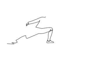 Animated self drawing of continuous line draw attractive fencer at full extension in lunge. Symbolizing power, active, speed, action, and precision required for strike. Full length one line animation video