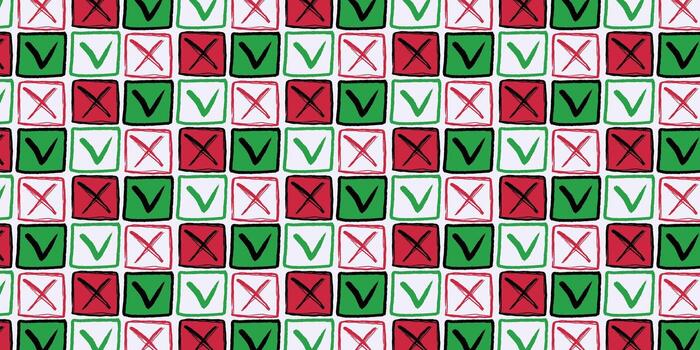 mano dibujado sin costura modelo con rojo cruzar y verde cheque marcas en cuadrado cajas garabatear antecedentes para educación, exámenes, votación, que hacer liza, y decisión haciendo. vector