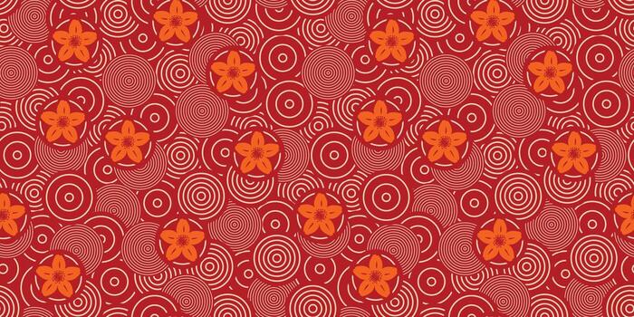 resumen sin costura modelo con concéntrico círculos y naranja flores en rojo antecedentes. japonés geométrico y floral diseño para textiles y papelería. Perfecto para textil huellas dactilares, fondos de pantalla vector