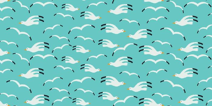 Seamless Pattern with Hand Drawn White Seagulls in Flight on Turquoise Background. Cartoon doodle bird design for summer, beach, fabric, and packaging. vector