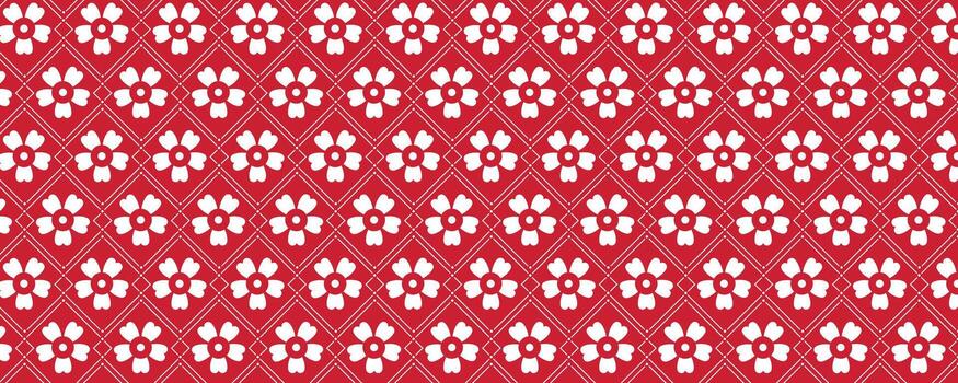 Minimalist Seamless Floral Pattern with White Blossoms in Diamond Grid on Red Background. Elegant geometric textile design for packaging, fabric, and backgrounds. vector