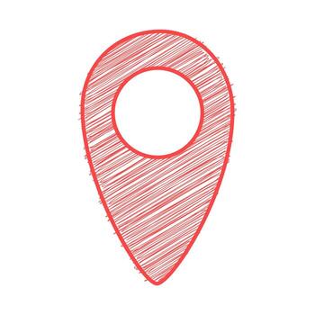 A red map marker icon, hand-drawn with a scribbled texture, set against a clean white background. vector