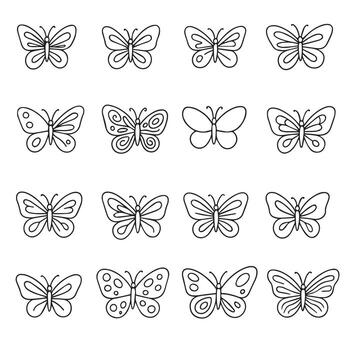 featuring a collection of various hand drawn butterfly designs. Each butterfly is unique, featuring different patterns and wing styles. Perfect for creative projects vector