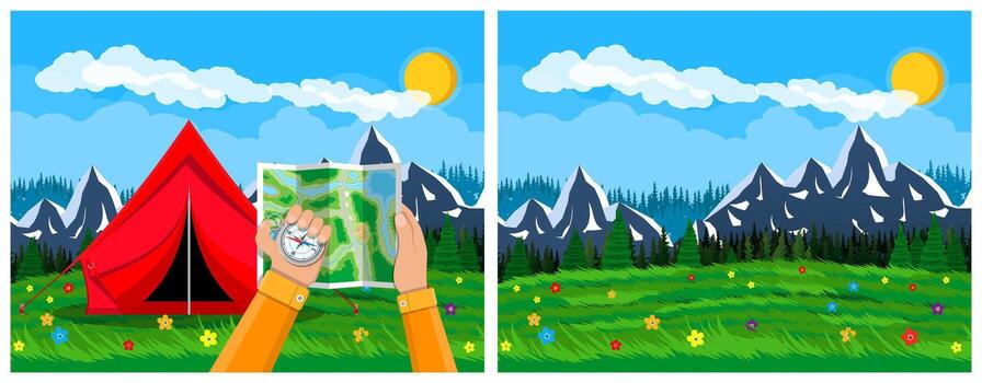Camping scene with tent and map vector