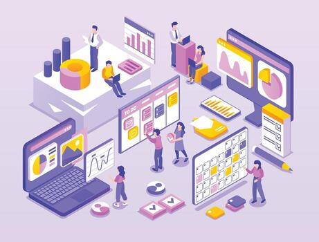 Team collaborating with data visualizations vector