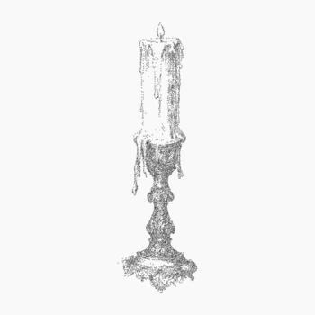 Burning candle in a candlestick. Abstract shape with dusty threshold linework and gritty fill. Stipple noise and faded texture mix with visible paper grain and faint scratches. vector