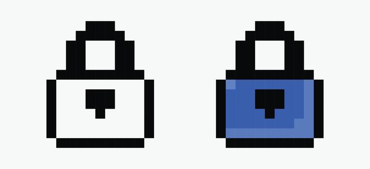 set padlock pixel art icon illustration, The left padlock is white with a black outline and keyhole. The right padlock is blue with a similar black outline and keyhole. vector