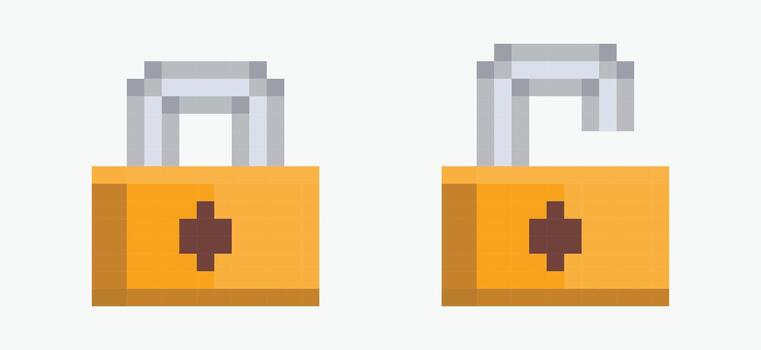 set padlock pixel art icon illustration, Two pixel art padlock icons are depicted. The first padlock is closed, and the second one is open. vector