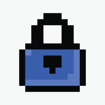 Ppadlock pixel art icon illustration, Pixel art icon of a padlock features a simplistic design with a black and blue color scheme. vector