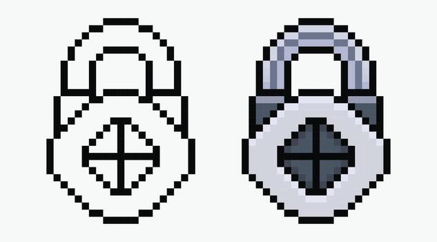 set padlock pixel art icon illustration, Two pixel art icons of padlocks, each with a circular dial featuring a cross design. vector