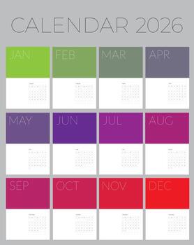 Calendar 2026 Minimalist 12 Months with Color Background of each month vector