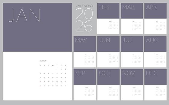 2026 Calendar Template with 12 Monthly Layout in Grey Color vector