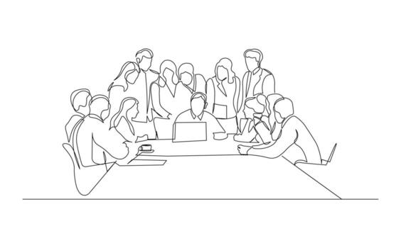 Large Group of Business People Crowding Around Laptop. One Continuous Line Art of Corporate Teamwork and Collaboration vector