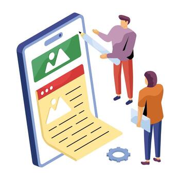 Conceptual isometric design of mobile content writing vector